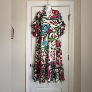 NWT fitzroy & willa Ruffle Midi Dress in White with Pink & Teal